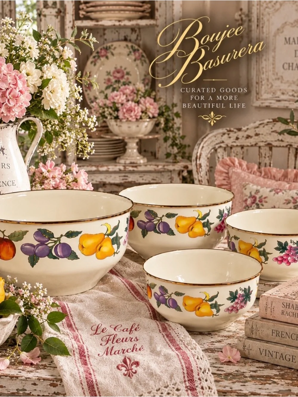 Vintage TableTops Unlimited Essence Fruit Enamelware Bowls Set of 4